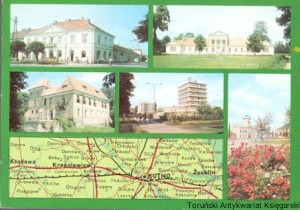 Pocztówka : Krośniewice- dawny zajazd z wozownią, Śleszyn- klasycystyczny dwór, Oporów- muzeum w gotyckim zamku, Kutno- Biurowiec Kutnowskich Zakładów Farmaceutycznych „Polfa” / S. Czarnogórski, K. Jabłoński (fot.)