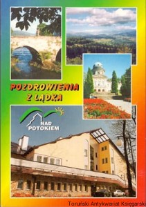 Pocztówka : Lądek Zdrój : Most św. Jana, Panorama Masywu Śnieżnika, Zakład Przyrodoleczniczy „Wojciech”, Ośrodek Sanatoryjno-Wczasowy „Nad Potokiem” / J. Sowiński (fot.)