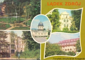 Pocztówka : Lądek Zdrój - Uzdrowisko jedno z najstarszych w Polsce, Plac Partyzantów, Zakład Przyrodoleczniczy „Wojciech”, Domy wypoczynkowe FWP „Małgosia”, „Hel” Sanatorium Wojskowe / K. Jabłoński, J. Jastrzębski, A. Kaczkowski, A. Pisarski (fot.)