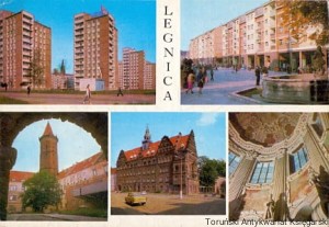 Pocztówka : Legnica : Prastara siedziba Piastów Śląskich, nowa zabudowa- ulica Młynarska, fragment Rynku, Zamek Piastowski z XIII w., Urząd wojewódzki i Miejski / S. Arczyński, Z. Gudanowicz, K. Jabłoński, J. Makarewicz, J. Milka (fot.)