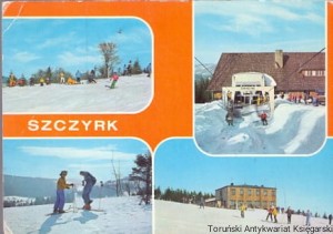 Pocztówka :  Szczyrk : Tereny narciarskie. Stacja wyciąg krzesełkowego na Skrzyczne. Schronisko PTTK na  Skrzycznem / A. Chmielewski, A. Araszkiewicz (fot.)
