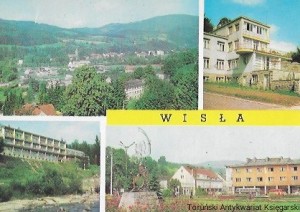 Pocztówka : Wisła widok ogólny. Dom wypoczynkowy kopalni Walenty-Wawel. Ośrodek Szkoleniowo-wypoczynkowy WZGS Katowice. Skwer  / J. Jastrzębski, A. Kaczkowski, M. Raczkowski, J. Siudecki  (fot.)