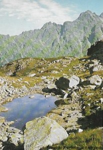 Pocztówka : Tatry Wysokie. Mnichowy Stawek, w głębi grań nad kotliną Morskiego Oka-widok z zachodu  / H. Musiał  (fot.)