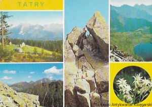Pocztówka : Tatry Wysokie. Panorama Tatr z Głodówki. Zdobywanie Mnicha. Krajobraz Doliny Pięciu Stawów Polskich. Widok tatrzańskich szczytów ze szlaku turystycznego na Szpiglasowym Wierchu / T. Olszewski, M. Raczkowski, M. Zaleski, T. Sumiński (fot.) 