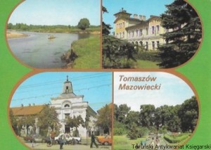 Pocztówka : Tomaszów Mazowiecki. Rzeka Pilica w okolicach miasta. Budynek dworca PKP. Fragment placu Tadeusza Kościuszki z kościołem. Park XX-lecia PRL / E. Baranowski, J. Siudecki  (fot.)