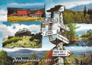 Pocztówka : Karkonosze. Schronisko „Na Hali Szrenickiej”, Schronisko „Szrenica”, Panorama, Schronisko „Pod Łabskim Szczytem”, Śnieżne Kotły  / Zygmunt Tryliński  (fot.)