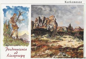 Pocztówka : Karkonosze Grupa Skalna k/Szrenicy obraz olejny  / mal. M. Świeży 