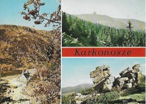 Pocztówka : Karkonosze. Schronisko PTTK „Samotnica” nad Małym Stawem. Śnieżne Kotły. Grupa Skalna „Końskie Łby”  / J. Korpal  (fot.)