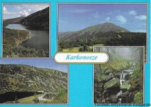 Pocztówka : Karkonosze. Wielki Staw, schronisko „Samotnica”, Śnieżka, potok  / A. Stachurski, A. Raj