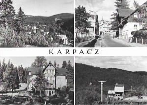 Pocztówka Karpacz. Widok ogólny. Ulica 1 Maja. Dom Wypoczynkowy FWP „Syrena”. Stacja wyciągu krzesełkowego na Kopę / J. Siudecki  (fot.)