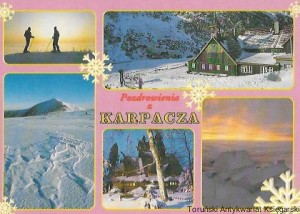 Pocztówka Karkonosze. Karpacz zimą. Schronisko „Samotnia” im. W. Siemaszki. Widok na Śnieżkę z Równi. Świtania Wang. Na Śnieżce  / Janusz Moniatowicz  (fot.) 