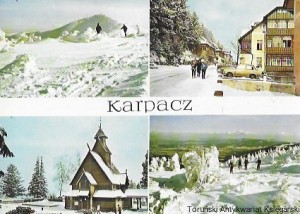 Pocztówka Karpacz. Widok na Śnieżkę. Fragment miasta. Świątynia Wang. Na Kopie  / K. Kaczyński  (fot.)