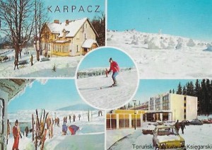 Pocztówka. Karpacz. Dom wypoczynkowy FWP „Jutrzenka”. Krajobraz zimowy. Górna stacja wyciągu na Kopę. Hotel Orbis „Skalny” / A. Chmielewski  (fot.) 
