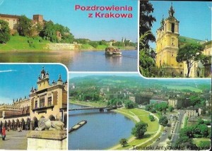 Pocztówka. Kraków. Wisław pod Wawelem. Kościół Na Skałce (XVIII w.) Rynek Główny - Sukiennice (XIV-XVI w.) Widok ogólny  / S. Jabłońska  (fot.)